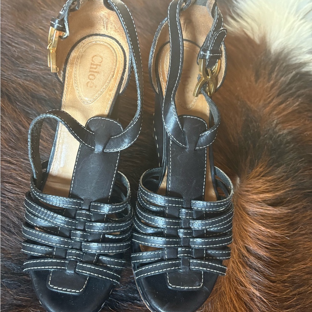 Chloe Black Strappy Wedge Sandals Size 39